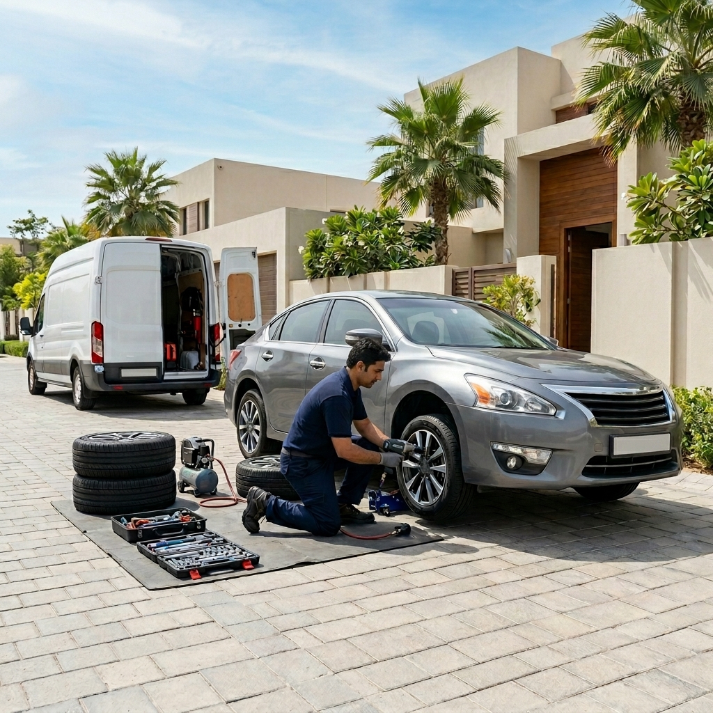 Mobile tyre fitting technician changing car tyres at a customer location