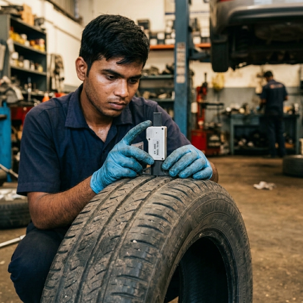Tyre tread depth inspection to check if car tyres need replacement