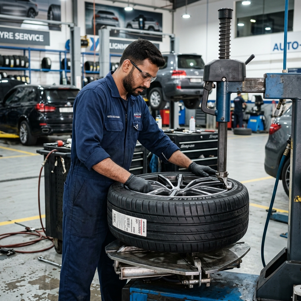 Technician installing a new car tyre for tyre fitting service in Dubai